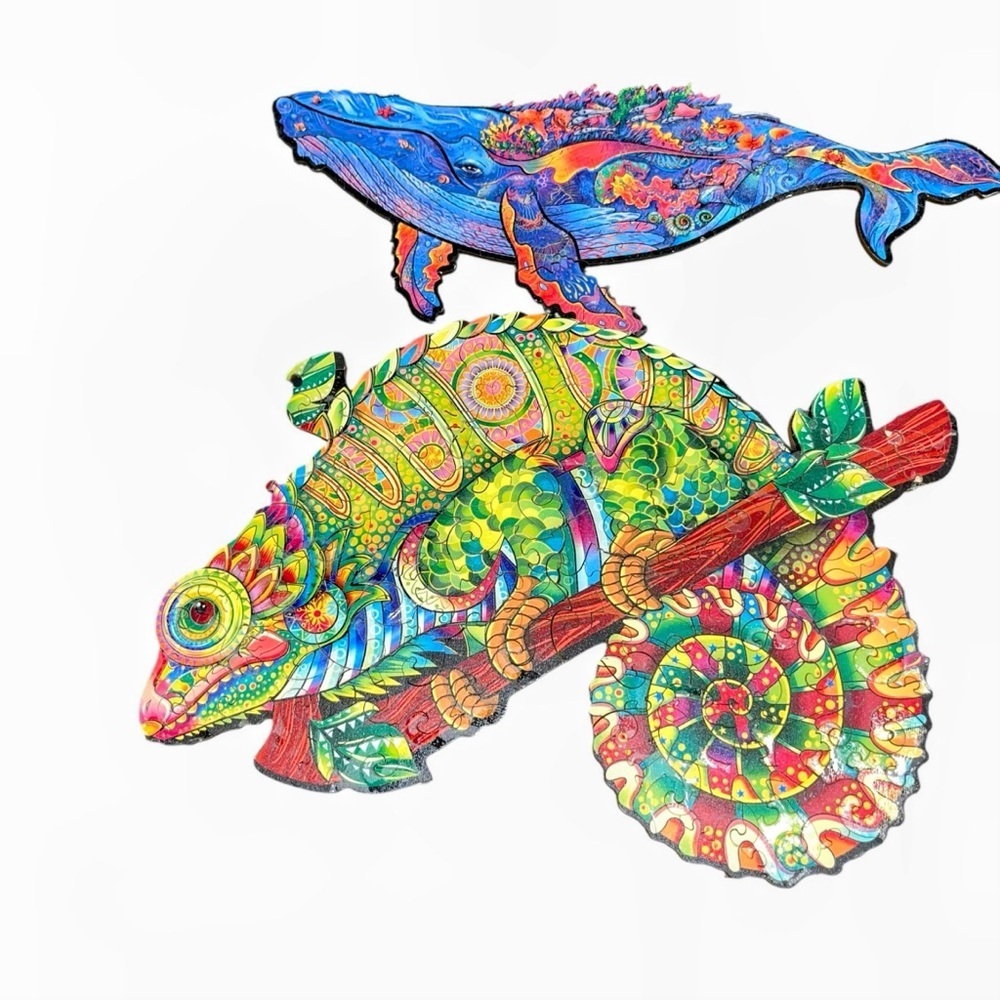 Wood wooden puzzle lot whale chameleon lizard unidragon